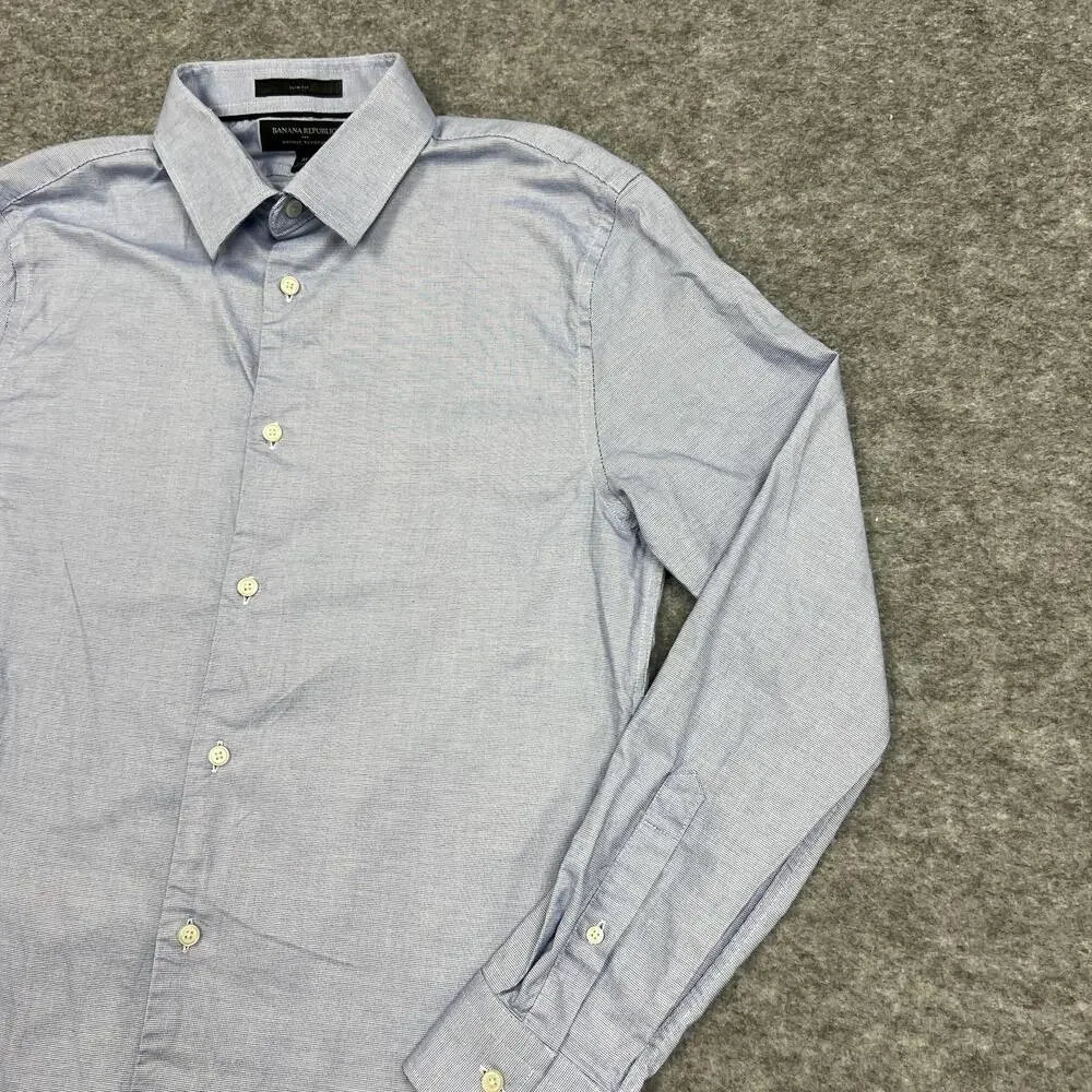 Banana Republic Dress Shirt Mens M Blue Check Slim Fit Wrinkle Resistant Career